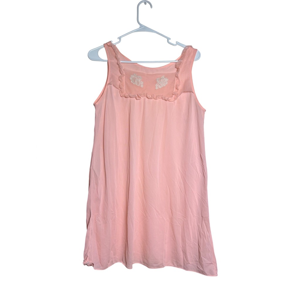 Vintage Handmade Pink Chiffon Nightgown Ruffle Floral Lace Applique Sleeveless